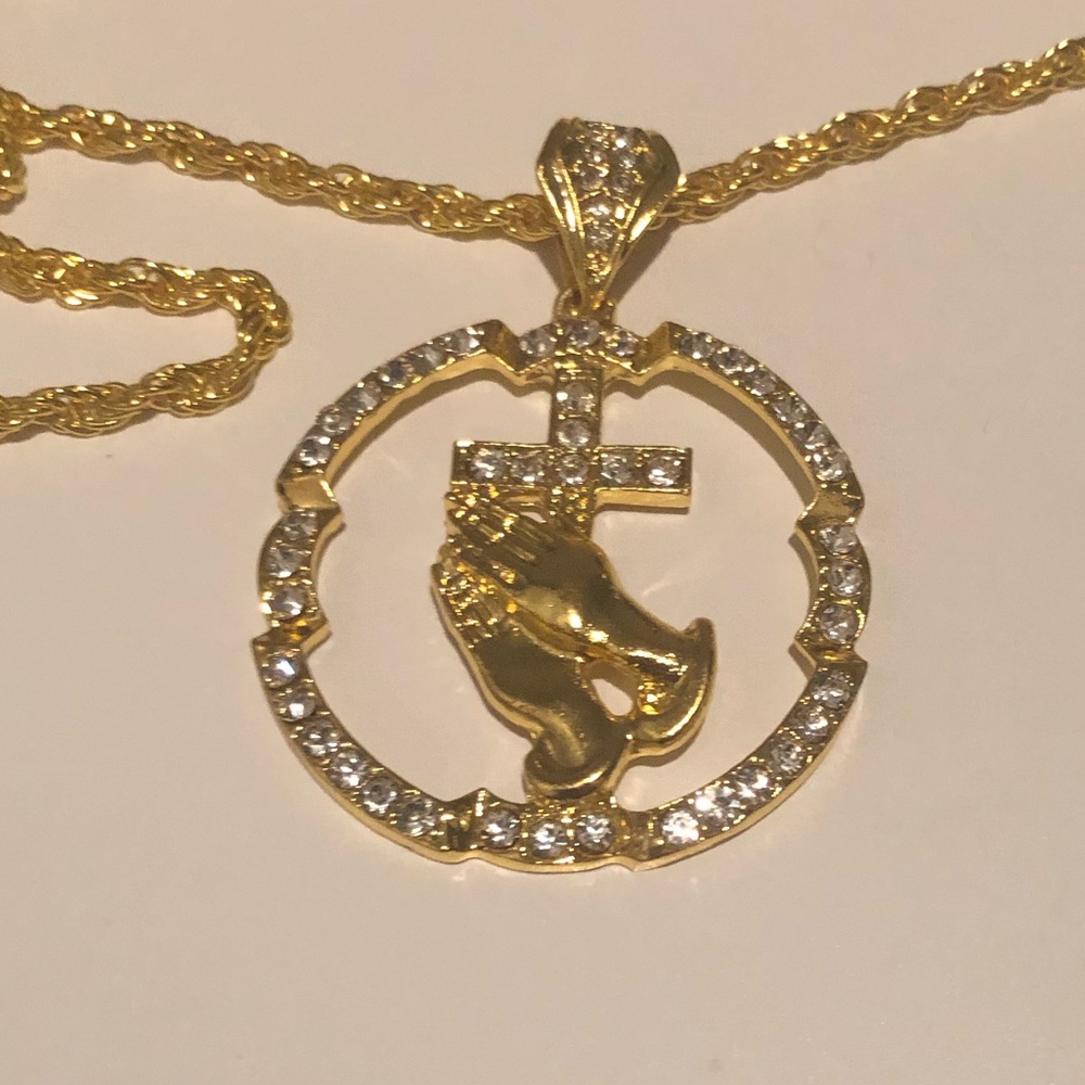 Iced Out Prayer Cross Gold Pendant Necklace